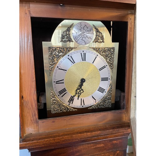 109 - 19TH CENTURY OAK AND MAHOGANY CROSS BANDED AND INLAID CLOCK CASE WITH CONTEMPORARY BRASS ARCHED STRI... 