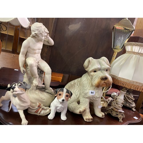 84 - POTTERY TERRIER DOG FIGURE AND RESIN DOGS PLUS FIGURAL AND ONYX TABLE LAMPS