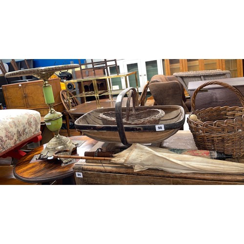 98 - ORIENTAL PARASOL, VINTAGE BAMBOO AND FABRIC PARASOL, WICKER WARE AND A TRUG BASKET