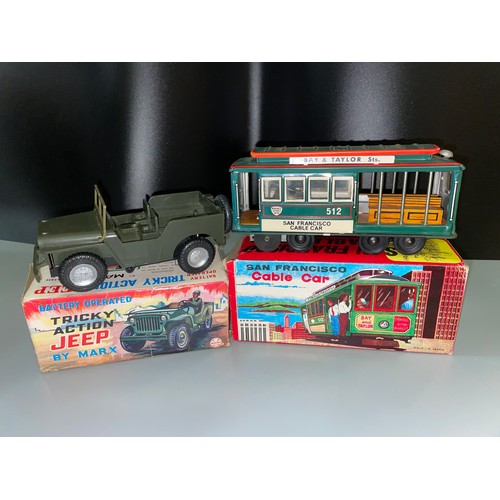 367 - BOXED MARX TOYS HONG KONG BATTERY OPERATED TRICKY ACTION JEEP AND JAPANESE FRICTION SAN FRANSISCO CA... 