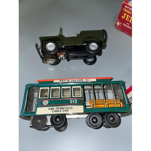 367 - BOXED MARX TOYS HONG KONG BATTERY OPERATED TRICKY ACTION JEEP AND JAPANESE FRICTION SAN FRANSISCO CA... 