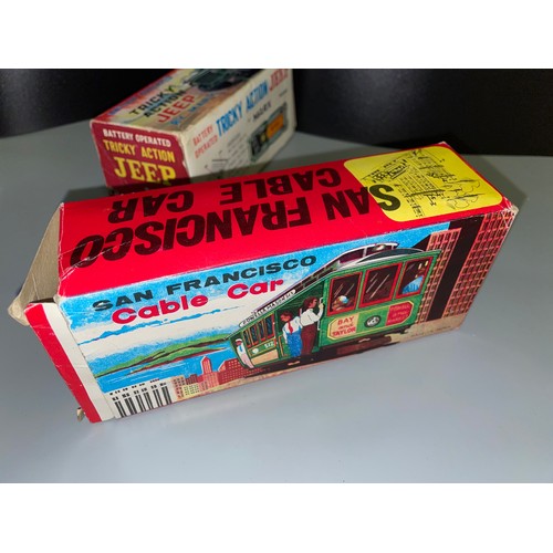 367 - BOXED MARX TOYS HONG KONG BATTERY OPERATED TRICKY ACTION JEEP AND JAPANESE FRICTION SAN FRANSISCO CA... 