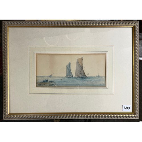 693 - RICHARD MARKS 1875-1920 19TH CENTURY WATERCOLOUR COASTAL SEASCAPE 26CM X 13CM APPROX