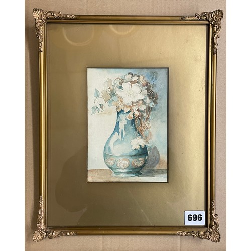 696 - WATERCOLOUR ON PAPER UNSIGNED STILL LIFE VASE OF FLOWERS FRAMED AND GLAZED 12.5CM X 17.5CM APPROX