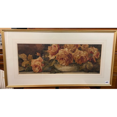 695 - A. DUDLEY 1864-1915 STILL LIFE OF ROSES SIGNED AND DATED 98 FRAMED AND GLAZED 70CM X 26CM APPROX