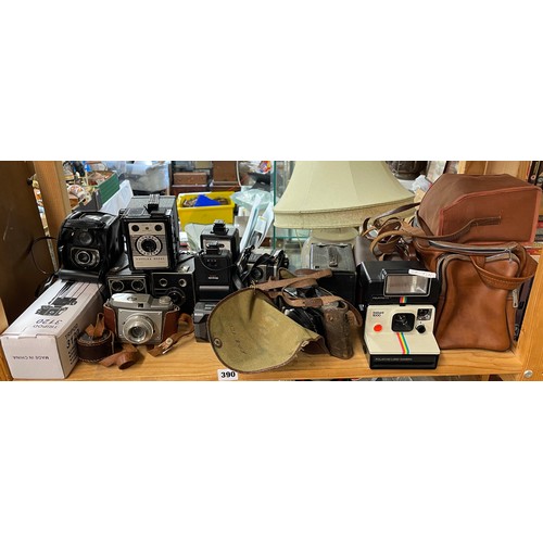 390 - SHELF OF VINTAGE BOX CAMERAS, MIRANDA AND PHOTOMATIC FLASH METERS, POLAROID INSTAMATIC CAMERA AND RE... 