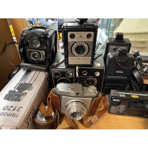 390 - SHELF OF VINTAGE BOX CAMERAS, MIRANDA AND PHOTOMATIC FLASH METERS, POLAROID INSTAMATIC CAMERA AND RE... 