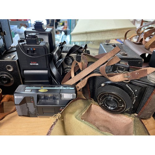 390 - SHELF OF VINTAGE BOX CAMERAS, MIRANDA AND PHOTOMATIC FLASH METERS, POLAROID INSTAMATIC CAMERA AND RE... 