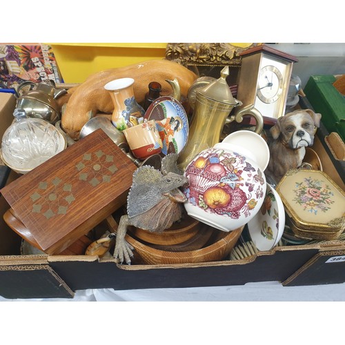 384 - VARIOUS MANTLE CLOCKS, SQUARE SECTION DECANTER, GILT DRESSING TABLE SET, TREEN BOWLS