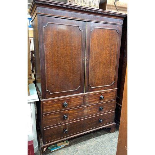 85 - GEORGE III MAHOGANY LINEN PRESS CUPBOARD WITH DENTIL MOULDED CORNICE (FOOT AS FOUND)