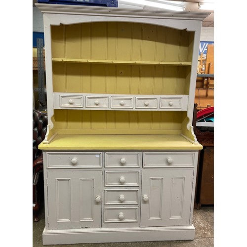 92 - PAINTED PINE PANELLED DRESSER WITH PLATE RACK