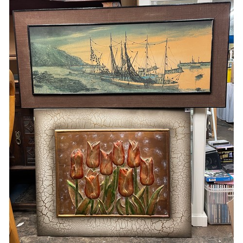 54 - BAS RELIEF TULIP CRACKLE FRAMED PLAQUE, A PRINT AND ENCYLCLOPEDIAS