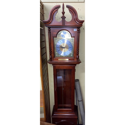 162 - REPRODUCTION HOWARD MILLER BRASS FACED LONG CASE CLOCK WITH WEIGHTS AND PENDULUM