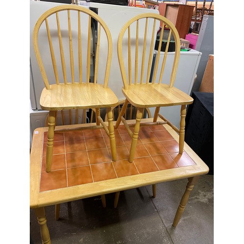 71 - BEECH TILE TOP KITCHEN TABLE AND FOUR HOOP BACK CHAIRS