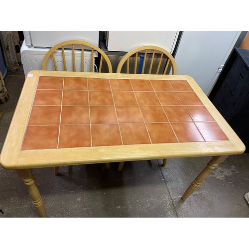 71 - BEECH TILE TOP KITCHEN TABLE AND FOUR HOOP BACK CHAIRS