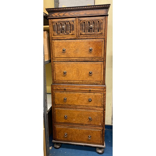 26 - REPRODUCTION MINIATURE OAK AND BURR WALNUT FRONTED DRAWER CHEST ON CHEST WITH PULL OUT SLIDE