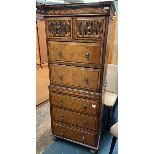 26 - REPRODUCTION MINIATURE OAK AND BURR WALNUT FRONTED DRAWER CHEST ON CHEST WITH PULL OUT SLIDE