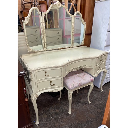 94 - FRENCH CREAM SERPENTINE KNEEHOLE DRESSING TABLE AND STOOL