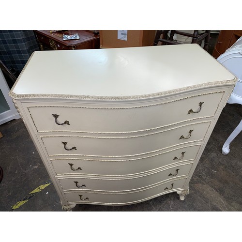 92 - CREAM FRENCH STYLE SERPENTINE CHEST OF FIVE DRAWERS