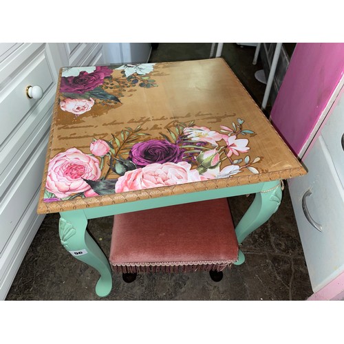 96 - GREEN PAINTED DECOUPAGE EFFECT LAMP TABLE AND SMALL FOOTSTOOL