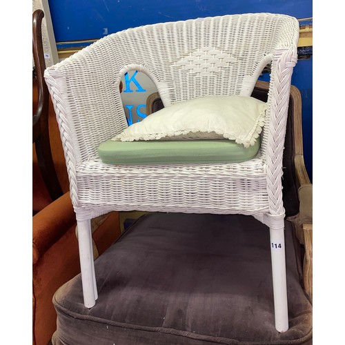 114 - WHITE PAINTED RATTAN AND BAMBOO BASKET CHAIR