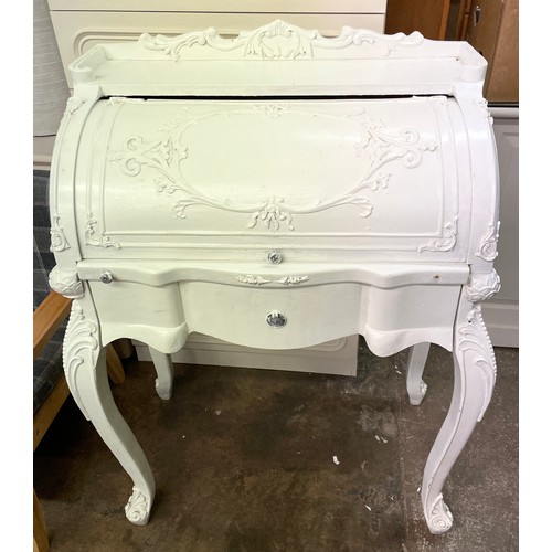 95 - WHITE PAINTED CARVED ROLL TOP BUREAU DE DAME