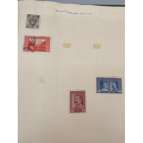 492 - THREE GREEN BOUND STAMP ALBUMS INCLUDING WORLD POSTAGE STAMPS, BRITISH EMPIRE AND COMMONWEALTH STAMP... 