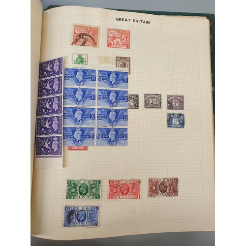 492 - THREE GREEN BOUND STAMP ALBUMS INCLUDING WORLD POSTAGE STAMPS, BRITISH EMPIRE AND COMMONWEALTH STAMP... 