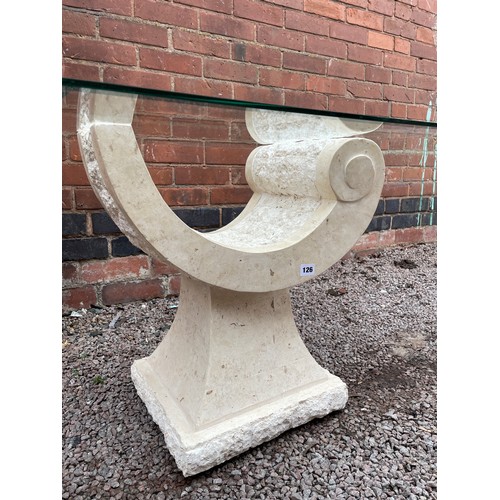 126 - POST MODERN MACTAN AND TRAVERTINE STONE EFFECT SCROLL GLASS LAMP TABLE