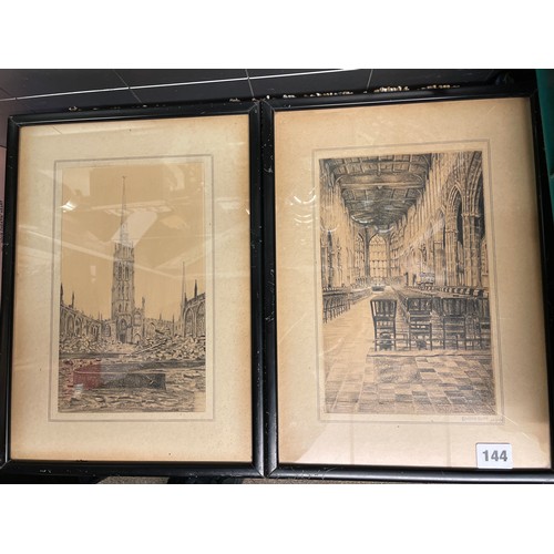 144 - DENNIS DYDE PENCIL SKETCH OF ST MICHAELS CATHEDRAL RUINS AND AN INTERIOR SCENE