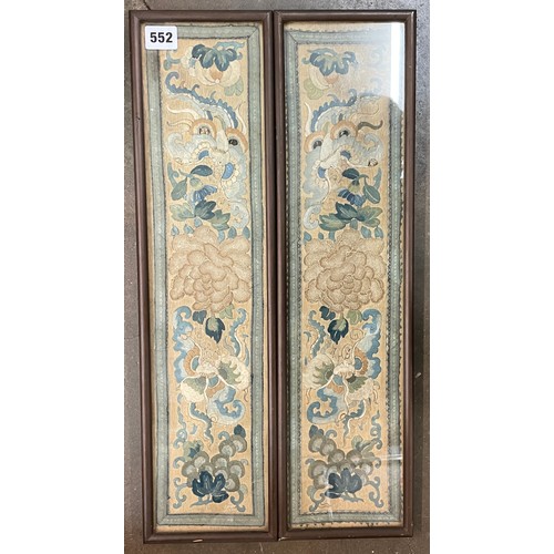 552 - A PAIR OF CHINESE WOVEN EMBROIDERED SILK PANELS FRAMED AND GLAZED WITH HONG KONG RETAILERS LABEL TO ... 