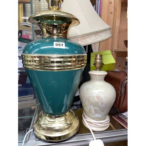 557 - GREEN AND BRASS EFFECT OVOID TABLE LAMP AND A DENBY LAMP