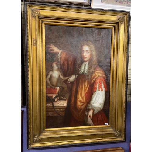 544 - P.THOMPSON 20TH CENTURY OIL ON CANVAS PORTRAIT OF 17TH CENTURY GENTLEMAN WITH MONKEY IN EBONISED AND... 