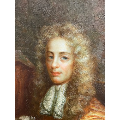 544 - P.THOMPSON 20TH CENTURY OIL ON CANVAS PORTRAIT OF 17TH CENTURY GENTLEMAN WITH MONKEY IN EBONISED AND... 