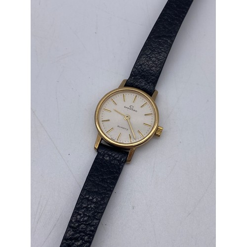 521 - LADIES UNMARKED GARRARD QUARTZ PRESENTATION WATCH ON LEATHER STRAP