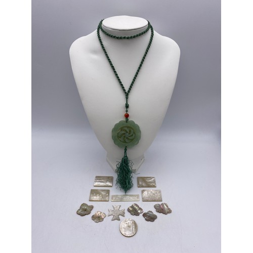 530 - SMALL SELECTION OF CHINESE MOTHER OF PEARL GAMING TOKENS AND A JADEITE TYPE PENDANT