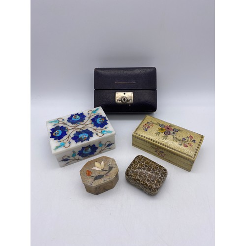 538 - PIETRA DURA RECTANGULAR BOX, PAINTED BOX AND MORROCAN LEATHER JEWELLERY BOX AND OTHERS