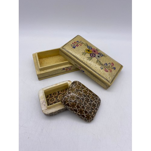 538 - PIETRA DURA RECTANGULAR BOX, PAINTED BOX AND MORROCAN LEATHER JEWELLERY BOX AND OTHERS