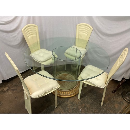 46 - ITALIAN STYLE GLASS CIRCULAR COLUMN DINING TABLE AND FOUR CREAM FANBACK CHAIRS