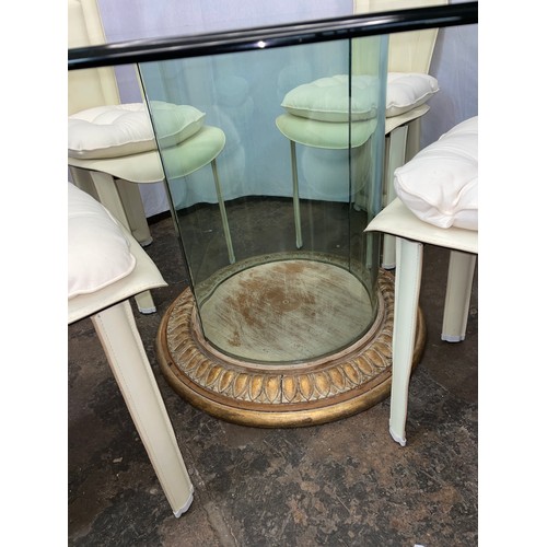 46 - ITALIAN STYLE GLASS CIRCULAR COLUMN DINING TABLE AND FOUR CREAM FANBACK CHAIRS