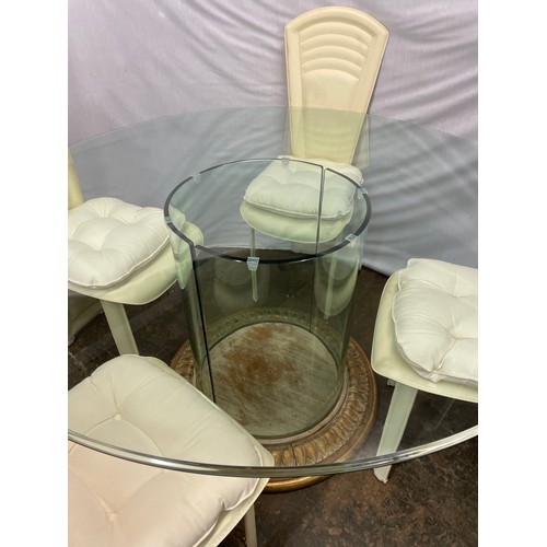 46 - ITALIAN STYLE GLASS CIRCULAR COLUMN DINING TABLE AND FOUR CREAM FANBACK CHAIRS