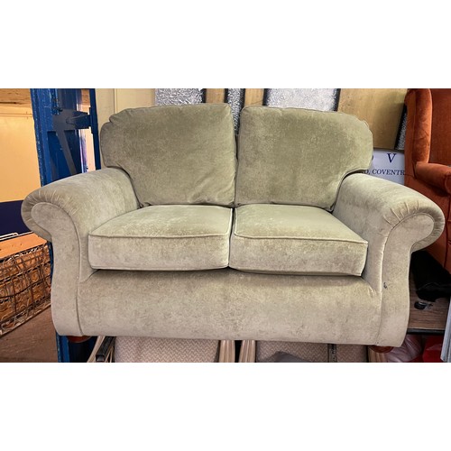 104 - OLIVE VELOUR VICTORIAN STYLE TWO SEATER SOFA