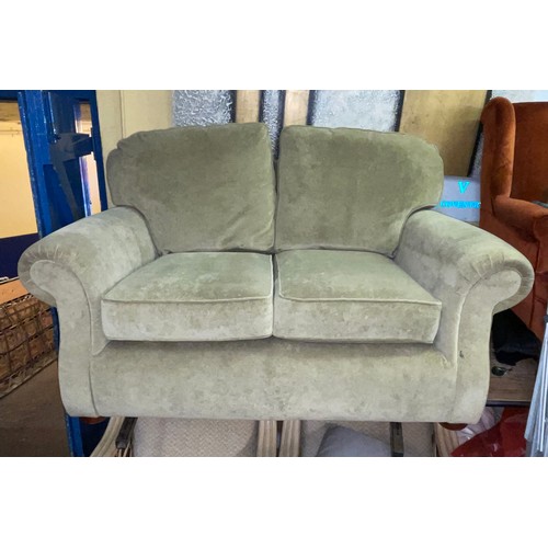 104 - OLIVE VELOUR VICTORIAN STYLE TWO SEATER SOFA