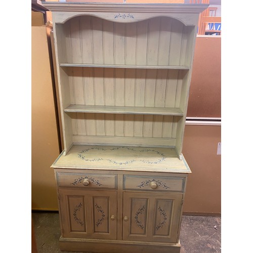 83 - GREEN WASH AND STENCILLED PINE KITCHEN DRESSER WITH PLATE RACK