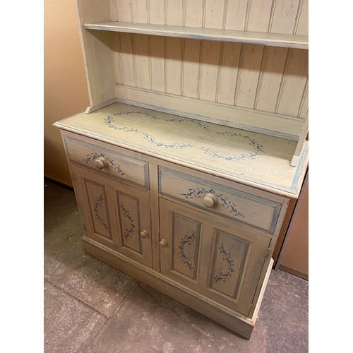 83 - GREEN WASH AND STENCILLED PINE KITCHEN DRESSER WITH PLATE RACK