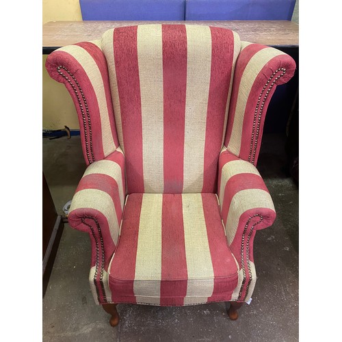 73 - PAIR OF RED AND OATMEAL STRIPED HIGH WING BACK ARMCHAIRS