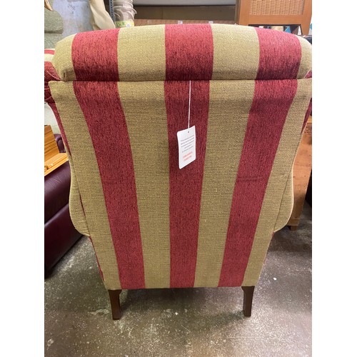 73 - PAIR OF RED AND OATMEAL STRIPED HIGH WING BACK ARMCHAIRS