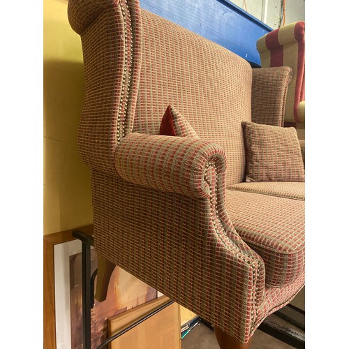 72 - RED AND BROWN CHEQUERED HIGH WING BACK TWO SEATER SOFA ON CABRIOLE LEGS