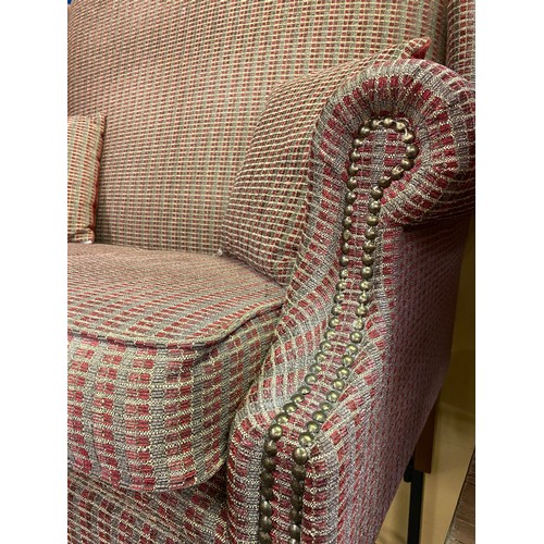 72 - RED AND BROWN CHEQUERED HIGH WING BACK TWO SEATER SOFA ON CABRIOLE LEGS