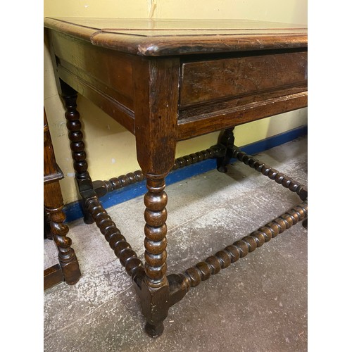 17 - 17TH CENTURY OAK BOBBIN REEL STRETCHER SIDE TABLE WITH SINGLE DRAWER AND LATER TOP